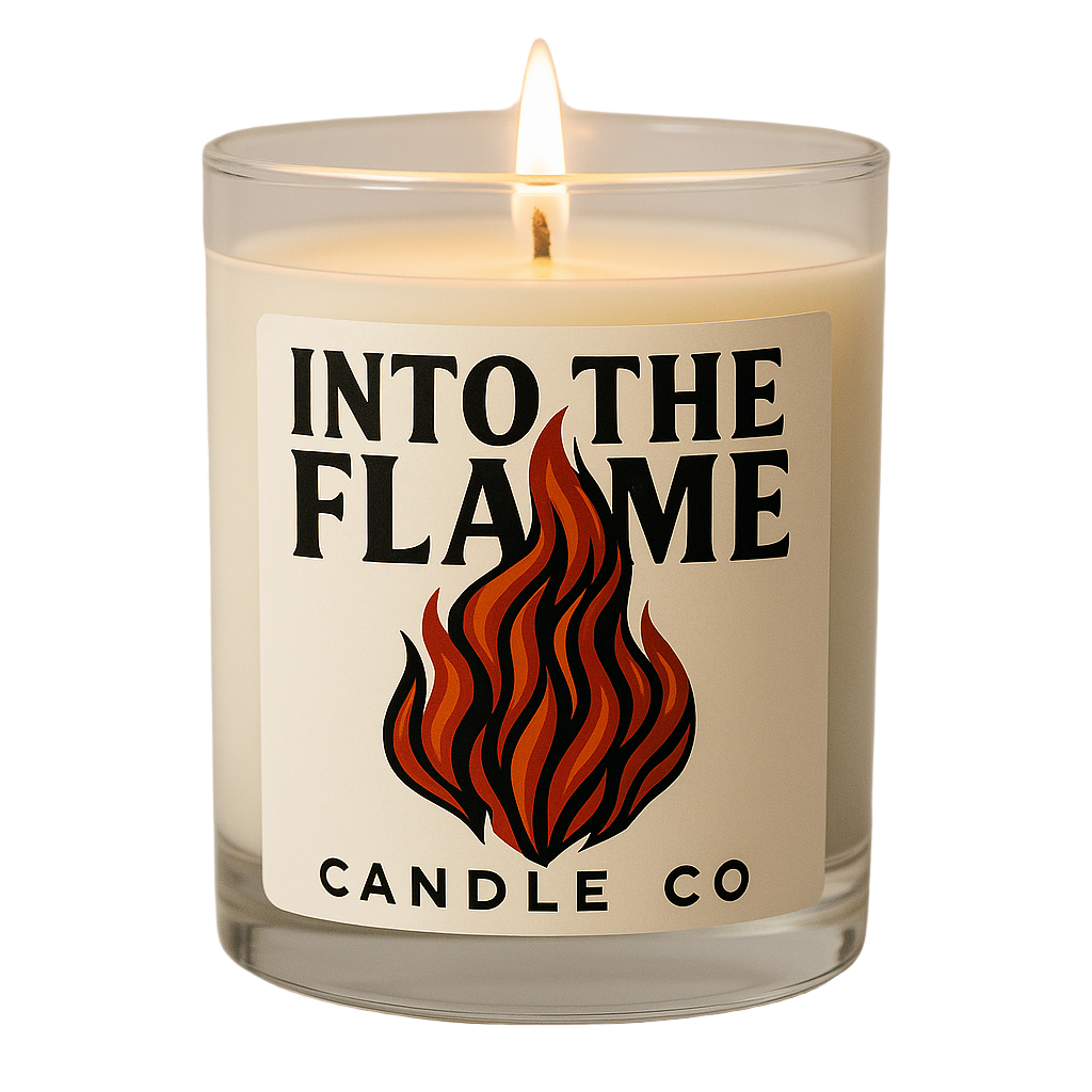 Candle with a label reading 'Into The Flame Candle Co' on a neutral background